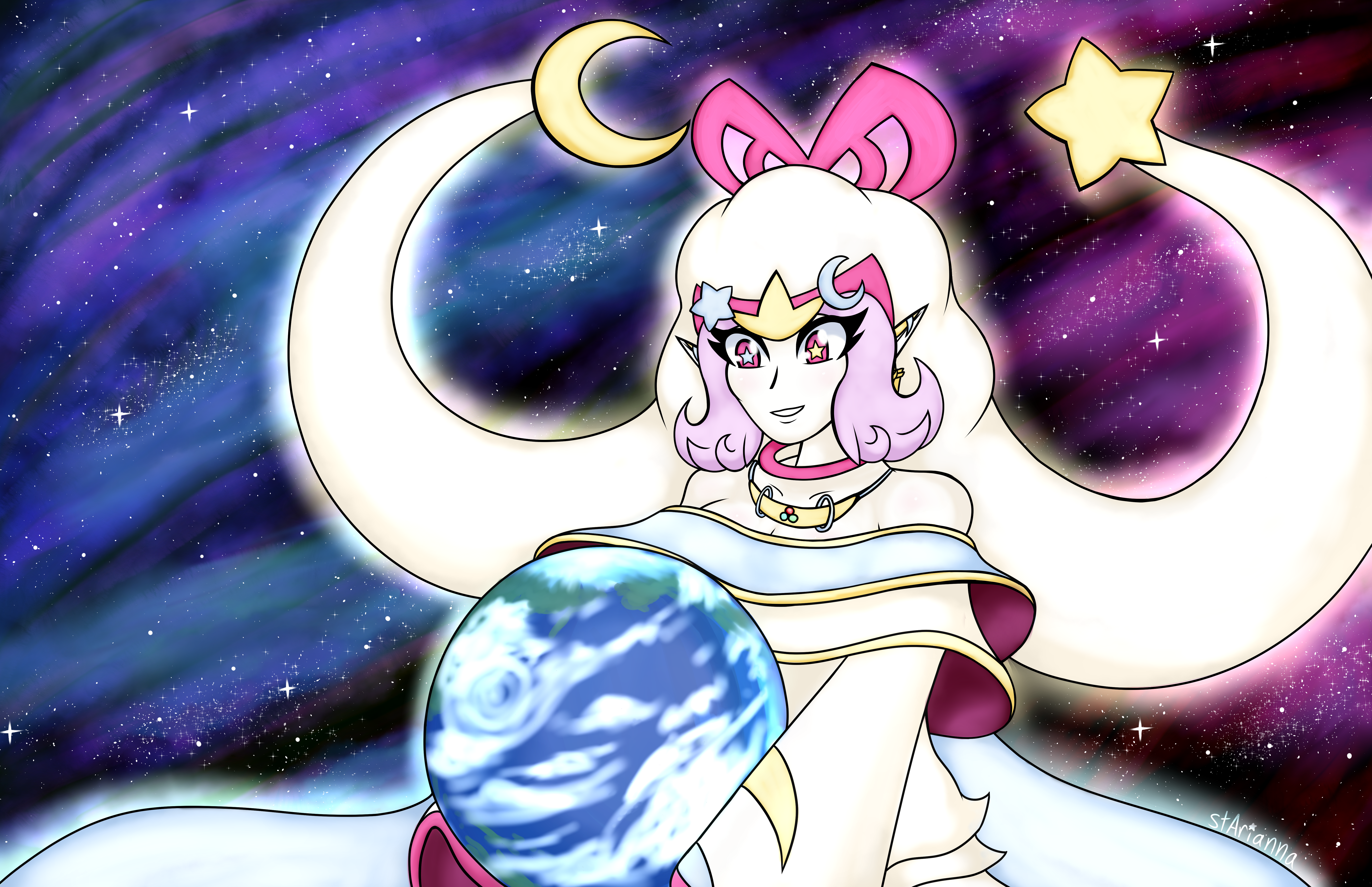 GrandCelesmy, the goddess of Monommy, the Grand Mother, overlooks a planet as she drifts in the cosmic sea