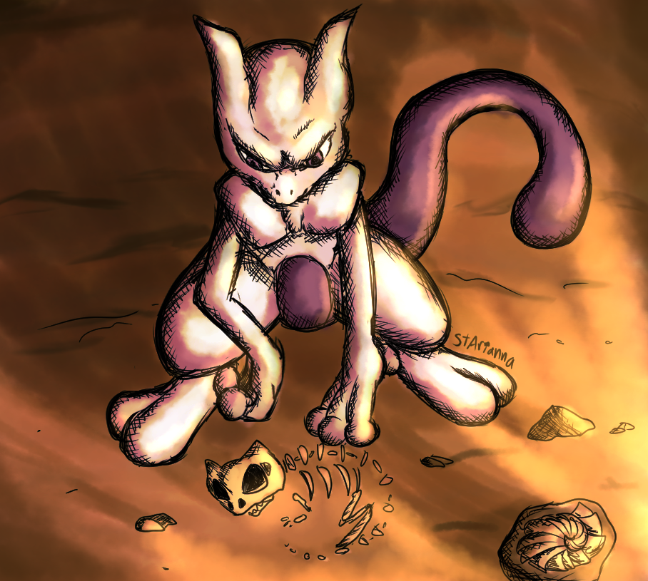fan art of the pokemon Mewtwo, looking down at the skeletal remains of the pokemon Mew